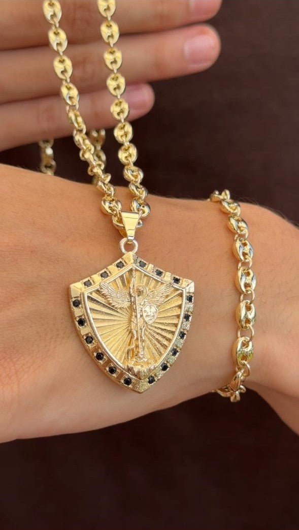 Cadena Eslabón Marino 60cm + Dije Escudo Protección San Miguel + Pulsera GRATIS🎁