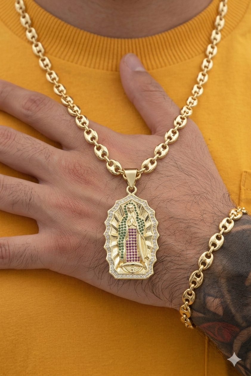 Cadena Eslabón Gruesa 60cm + Dije Virgen Guadalupe + Pulsera GRATIS