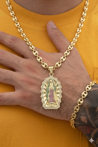 Cadena Eslabón Gruesa 60cm + Dije Virgen Guadalupe + Pulsera GRATIS