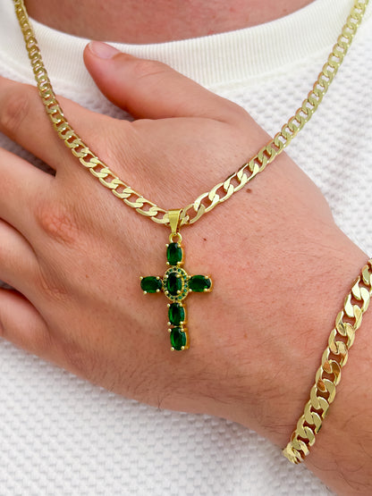 Cadena Cubana Gruesa 60cm + Cruz Sagrada Verde + Pulsera GRATIS🎁