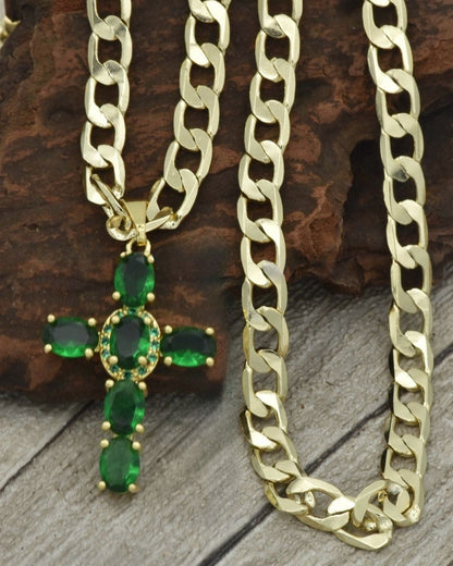 Cadena Cubana Gruesa 60cm + Dije Cruz Sagrada Verde + Pulsera GRATIS