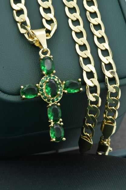 Cadena Cubana Gruesa 60cm + Dije Cruz Sagrada Verde + Pulsera GRATIS