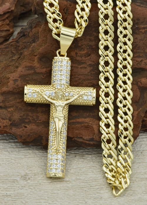 Cadena Cubana Cruzada  60cm + Dije Cristo Milagroso + Pulsera GRATIS