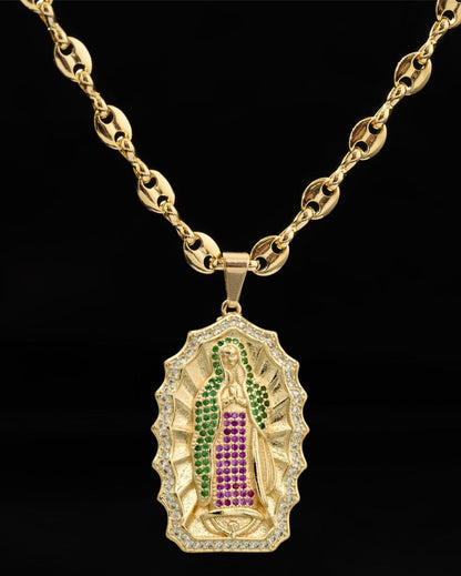 Cadena Eslabón Gruesa 60cm + Dije Virgen Guadalupe + Pulsera GRATIS