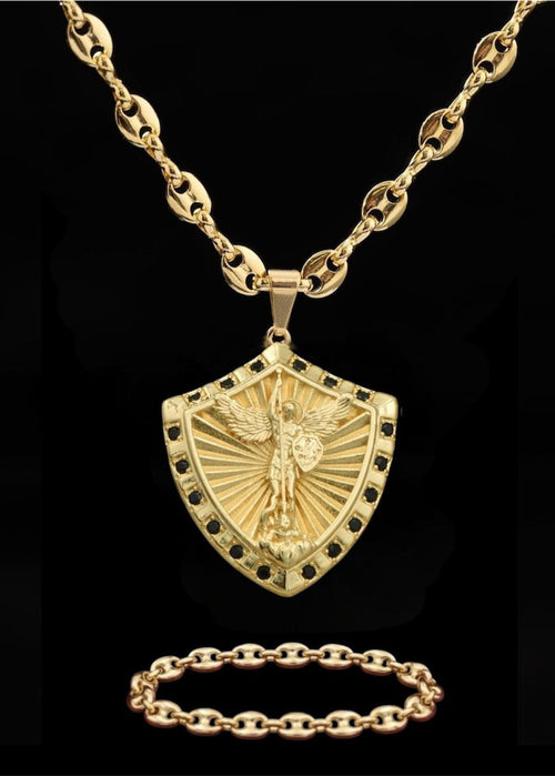 Cadena Eslabón Marino 60cm + Dije Escudo Protección San Miguel + Pulsera GRATIS🎁