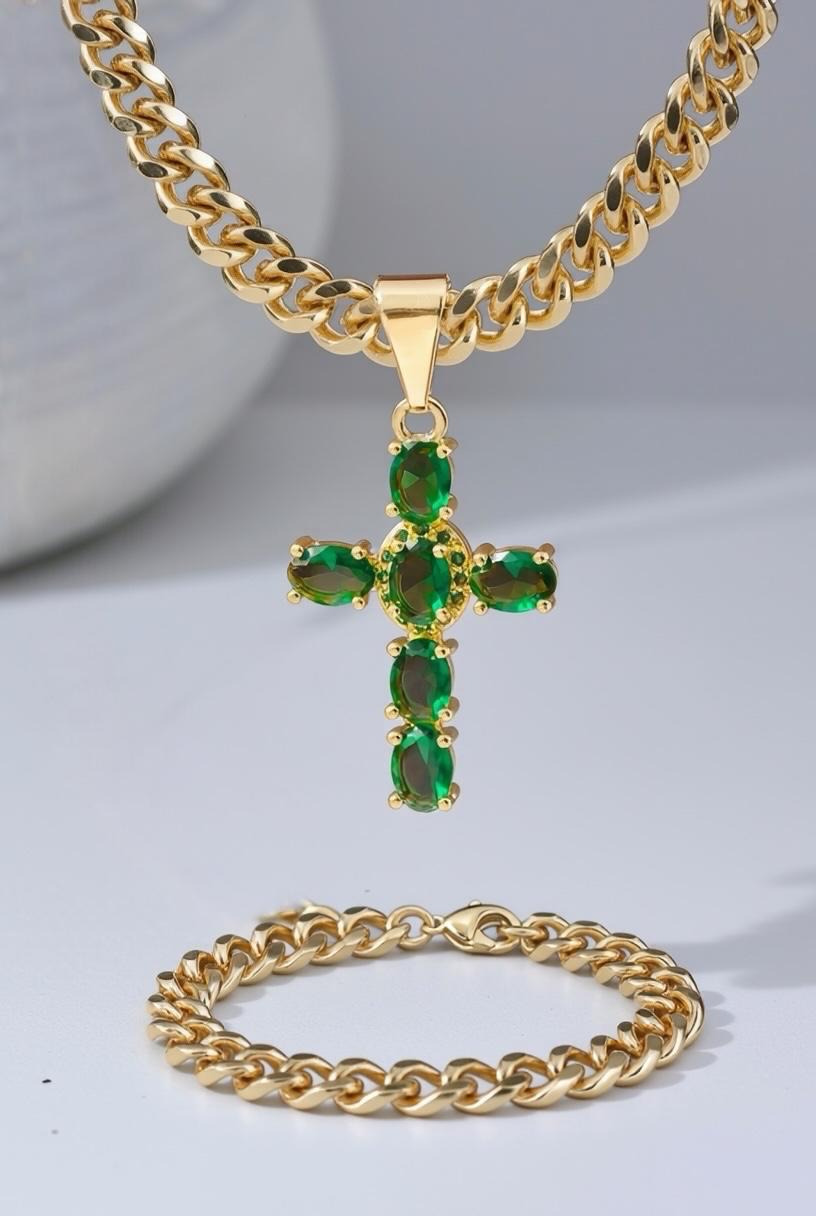 Cadena Cubana Gruesa 60cm + Cruz Sagrada Verde + Pulsera GRATIS🎁