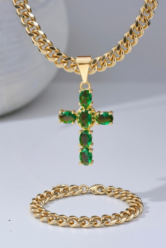Cadena Cubana Gruesa 60cm + Cruz Sagrada Verde + Pulsera GRATIS🎁