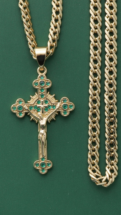 Cadena Cubana Cruzada 60cm + Dije Cruz Sagrada Verde + Pulsera GRATIS🎁